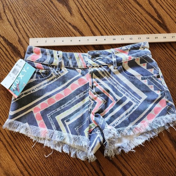 Roxy Button Fly Colorful Aztec Tribal Fringe Boho Jean Shorts Size 25 - Picture 6 of 8